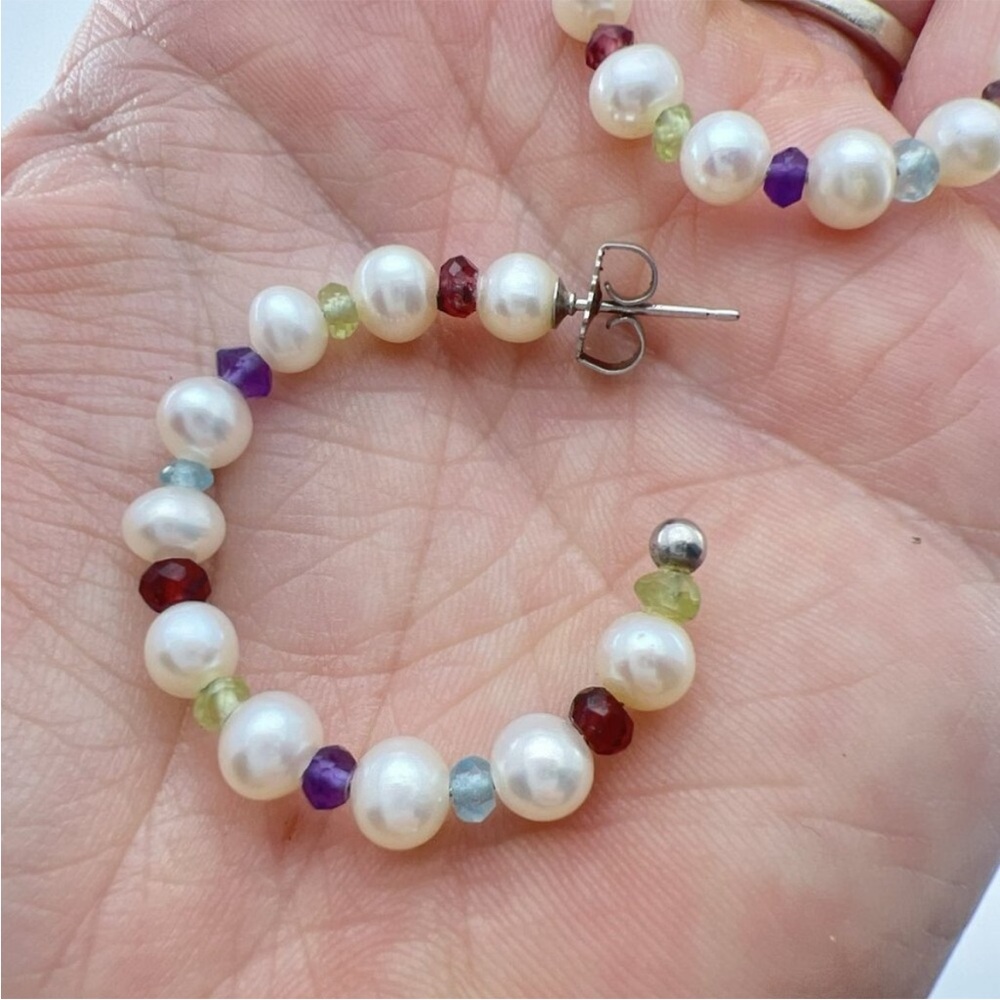 Honora “As Is” White Pearl & Multi-Gemstone 1-1/4” Hoop Earrings - Picture 1 of 14